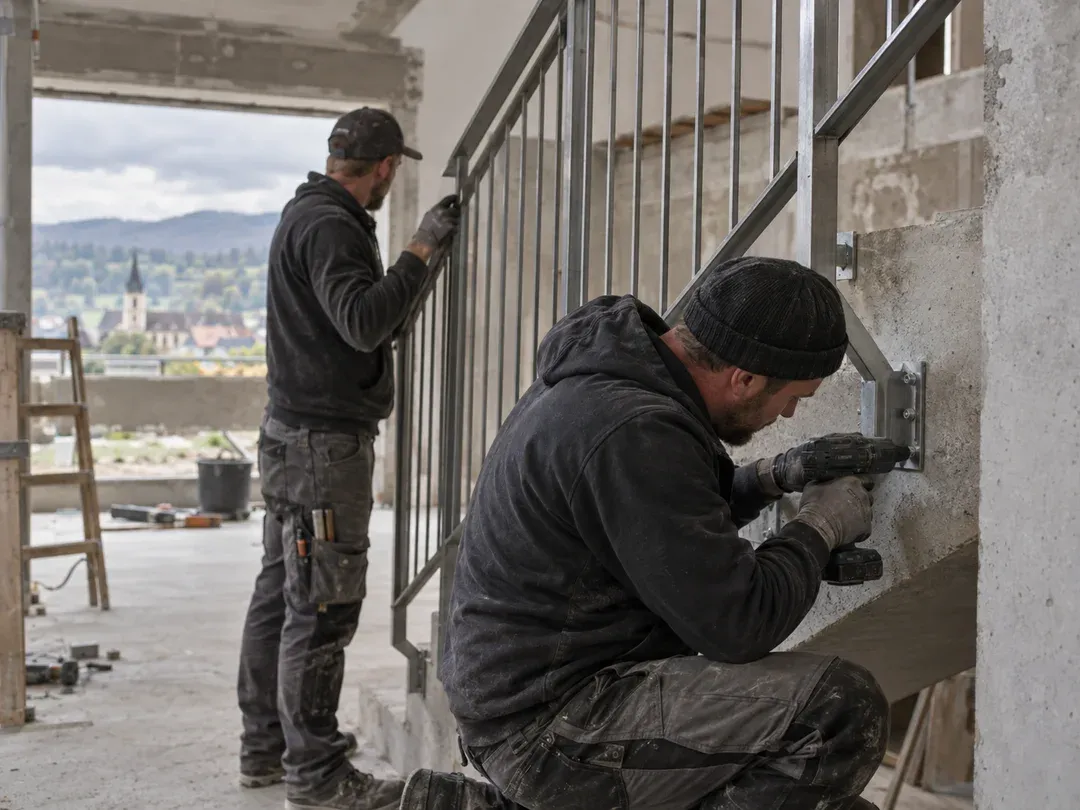 Metallbauer montieren ein Treppengeländer