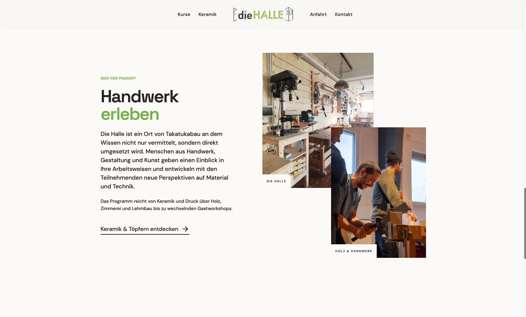 Kursseite für Keramik und Töpfern auf der HALLE-Website