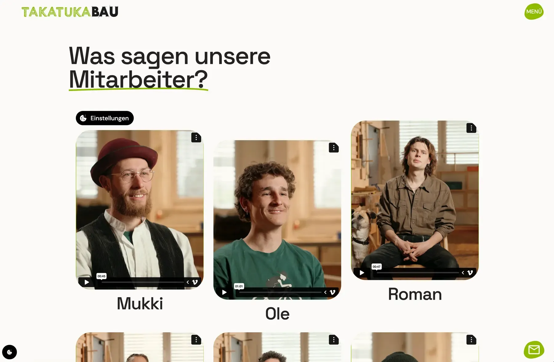 Mitarbeitervideos auf der Takatukabau-Website mit Personen aus dem Team
